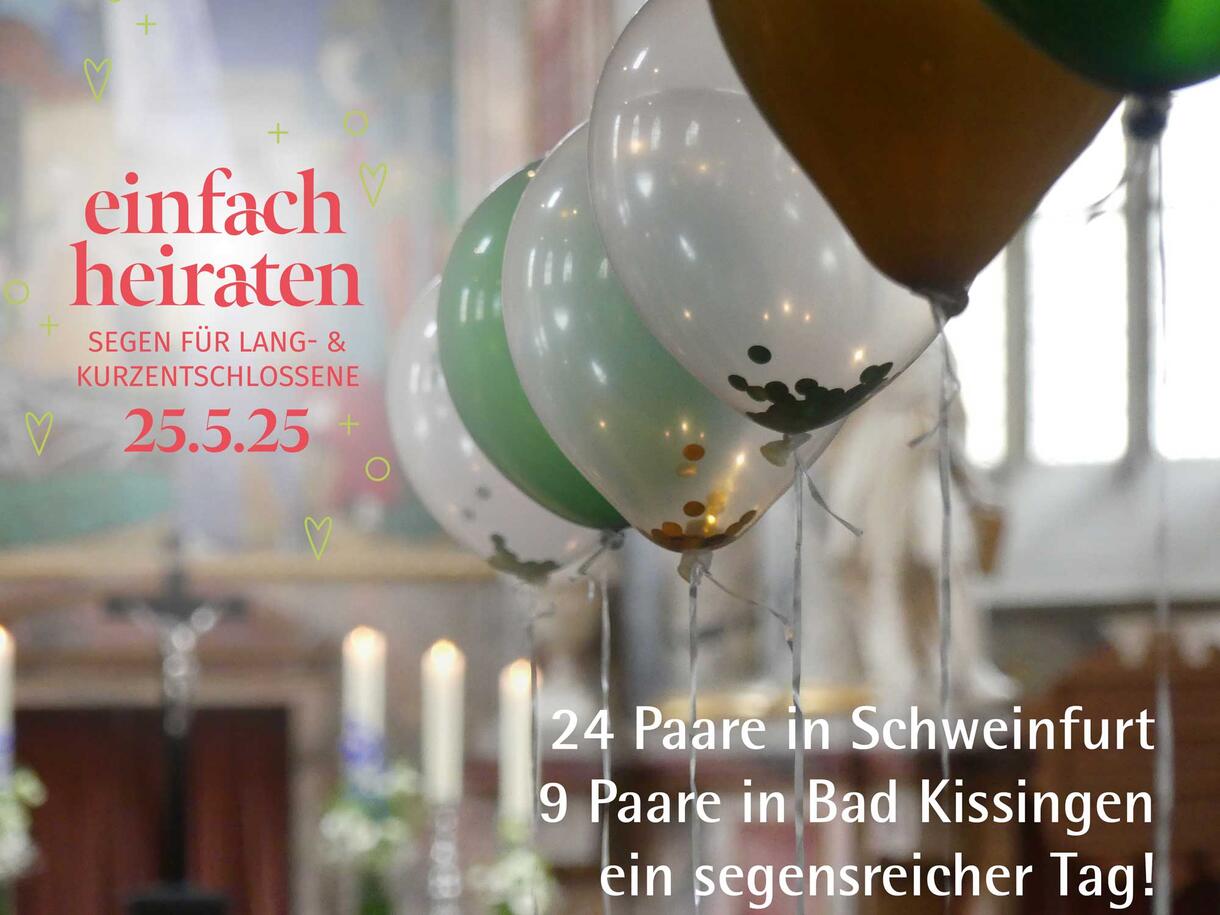Bunte Luftballons vor dem Altar, dazu das Logo von "einfach heiraten"