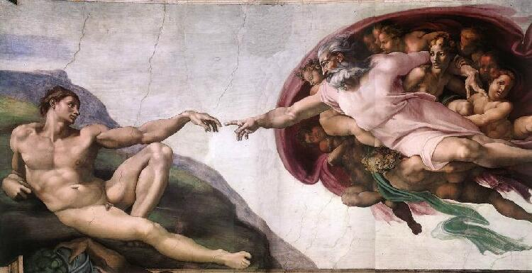 Das berühmte Bild "Die Erschaffung Adams" aus der sixtinischen Kapelle von Michelangelo: Gottvater streckt seine Hand aus und berührt mit einem Finger Adams Hand