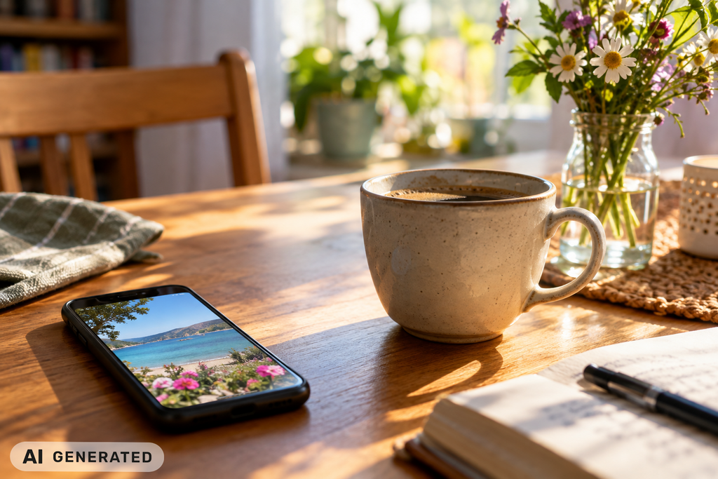 eine gemütliche Szene mit Kaffeetasse auf einem Tisch. Auf einem Smartphone sieht man ein Urlaubsfoto