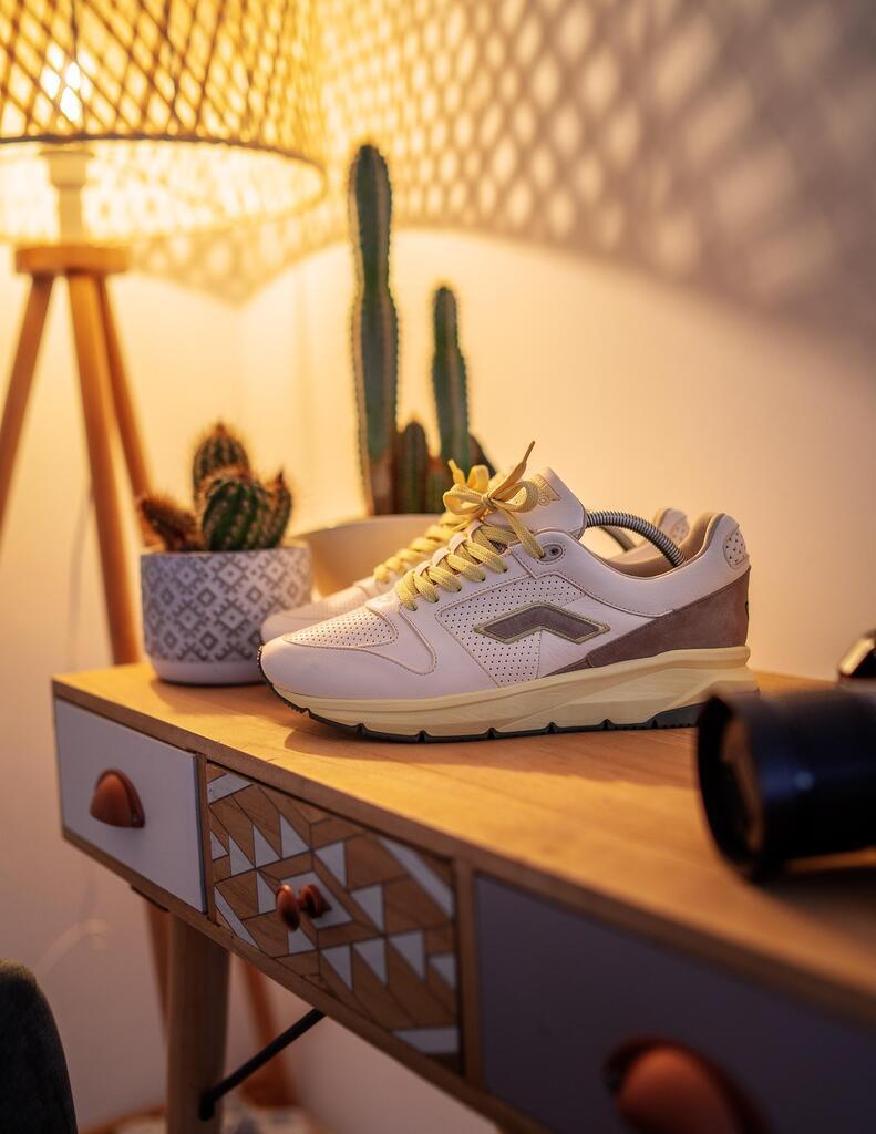Laufschuhe stehen dekorativ auf einem Regal