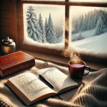 Eine gemütliche Winteraufnahme: Auf einer leicht vereisten Fensterbank stehen ein offenes Tagebuch, ein Stift und eine dampfende Tasse Tee. Im Hintergrund sieht man durch das Fenster eine schneebedeckte Landschaft in sanftem Tageslicht. Die Szene strahlt Ruhe und Besinnlichkeit aus.