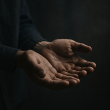 Das Bild zeigt eine Nahaufnahme von geöffneten, leeren Händen eines Erwachsenen, die leicht nach oben gerichtet sind. Die Hände wirken leicht rau und vom Leben gezeichnet, was eine nachdenkliche Stimmung vermittelt. Ein sanftes, gedämpftes Licht fällt von der Seite auf die Hände und hebt ihre Konturen hervor, während der Hintergrund in dunklen, unscharfen Farbtönen gehalten ist. Die Gesamtkomposition unterstreicht das Gefühl von Sehnsucht, Bedürftigkeit und der Suche nach Erfüllung.