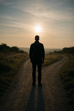 Eine einzelne Person steht an einer Weggabelung in einer offenen Landschaft. Der Blick richtet sich auf den von Sonnenlicht durchfluteten Horizont. Die Szene ist in warmes Licht des späten Nachmittags getaucht, die langen Schatten unterstreichen die nachdenkliche Stimmung. Der geteilte Weg symbolisiert Entscheidung, Orientierung und die Suche nach dem richtigen Weg im Leben.