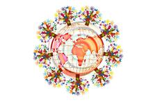 Illustration: Auf einem Erdball wachsen in alle Richtungen Bäume, deren Blätter aus verschiedenfarbigen Händen bestehen