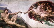 Das berühmte Bild "Die Erschaffung Adams" aus der sixtinischen Kapelle von Michelangelo: Gottvater streckt seine Hand aus und berührt mit einem Finger Adams Hand
