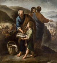 Der Jünger Andreas mit dem Jungen, der nach Joh 6,9 die Brote und die Fische mitgebracht hatte (Juan de Espinal: Milagro de los panes y los peces, Gemälde im Rathaus von Sevilla)