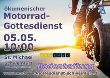 Plakat vom Motorradgottesdienst am 5.5. 10:00. Ein Motorrad fährt Richtung Sonnenauf- oder Untergang.