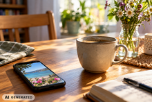 eine gemütliche Szene mit Kaffeetasse auf einem Tisch. Auf einem Smartphone sieht man ein Urlaubsfoto