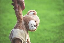 Ein Stoffbär wird an einer Kinderhand getragen. Im Hintergrund grüne Wiese.