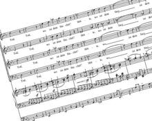 Ausschnitt aus der Partitur des Brahms-Requiems: "Tod, wo ist dein Stachel" (15 Grad nach links gedreht)