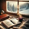 Eine gemütliche Winteraufnahme: Auf einer leicht vereisten Fensterbank stehen ein offenes Tagebuch, ein Stift und eine dampfende Tasse Tee. Im Hintergrund sieht man durch das Fenster eine schneebedeckte Landschaft in sanftem Tageslicht. Die Szene strahlt Ruhe und Besinnlichkeit aus.