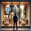 Ein Mensch steht mit dem Rücken zur Kamera vor einer Luxusvitrine, die teure Uhren, Schmuck und Designerartikel zeigt. Im Glas der Vitrine spiegelt sich jedoch eine alternative Szene – eine einfache, glückliche Momentaufnahme, eine ruhige Landschaft. 